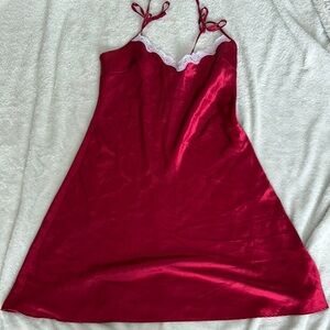 Y2K Red Satin Slip Dress – Size 14 | Lace Trim | Feminine Glam | Flawed